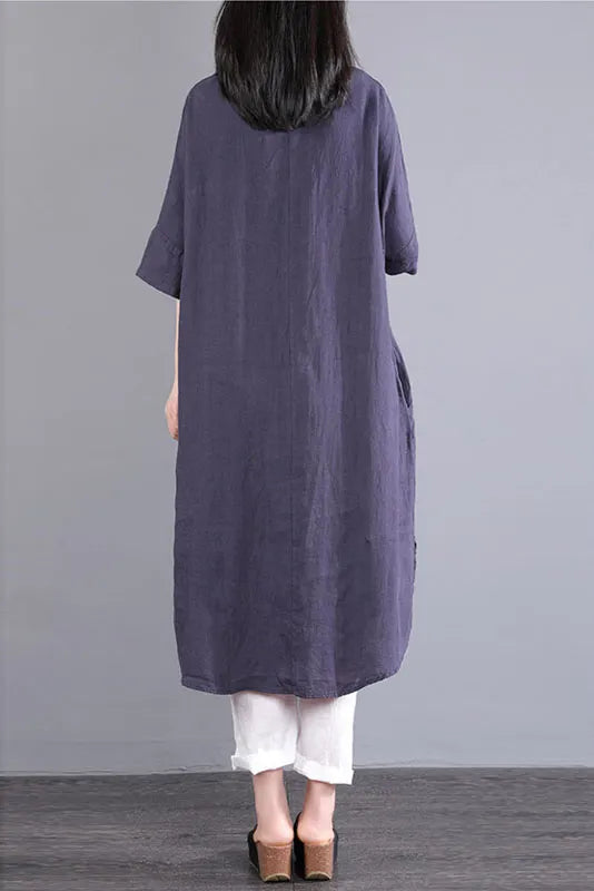 -summer Short-sleeved Long Shirt Color Cotton Linen Dress