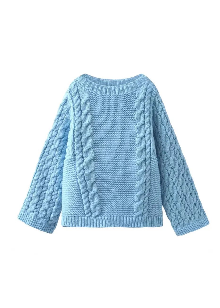 Khaki O Neck Knitted Sweaters Flare Sleeve