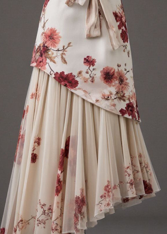 Apricot Patchwork Tie Waist a Line Skirts Summer