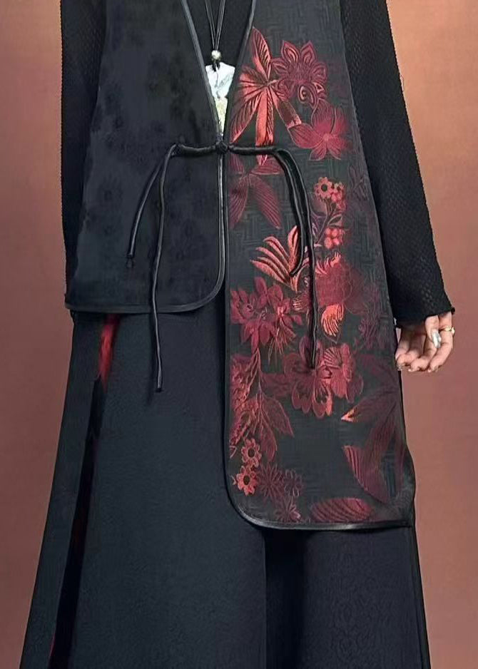 Black V Neck Asymmetrical Embroidered Waistcoat Winter