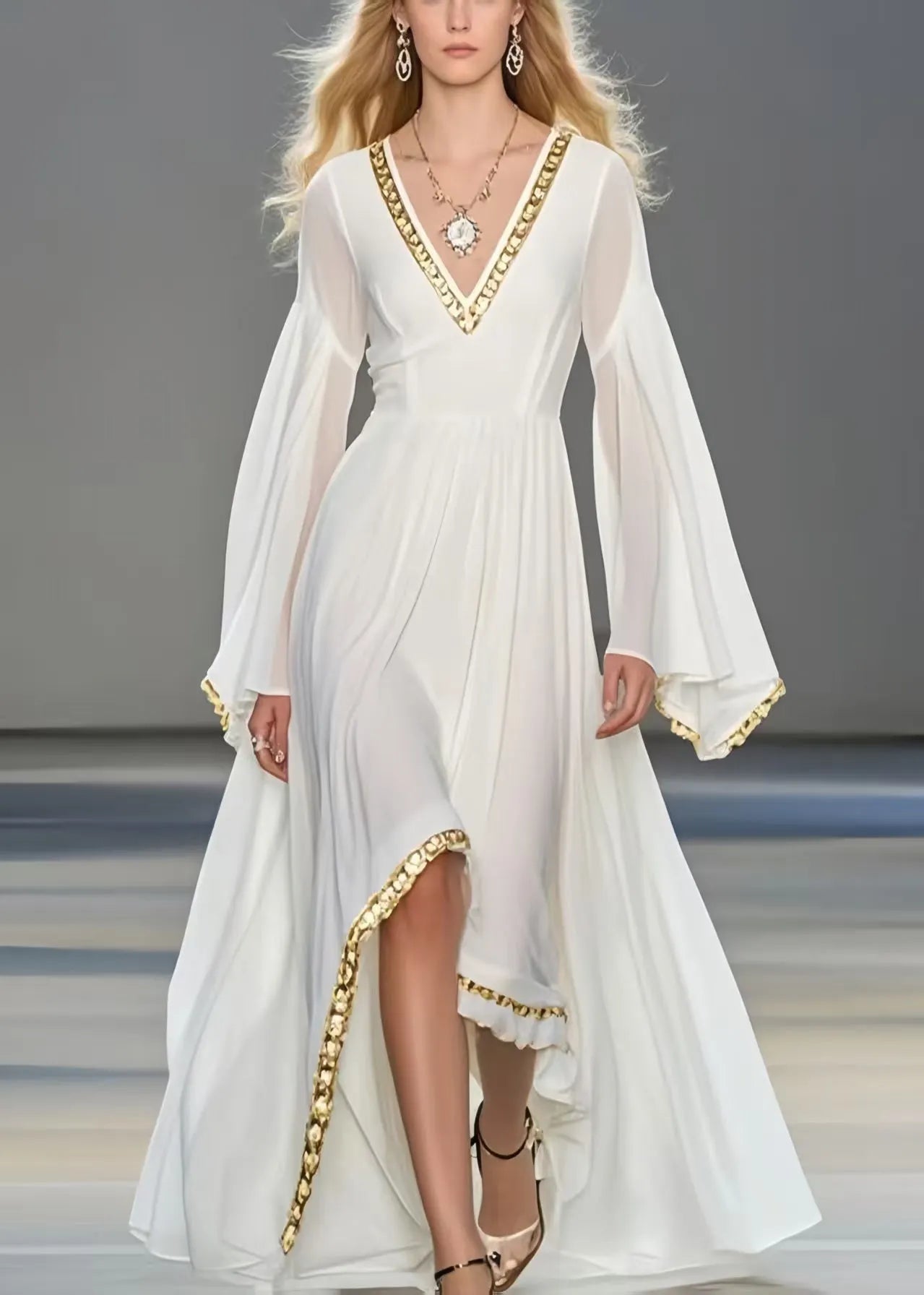 White Exra Large Hem Chiffon Robe Dresses Flare Sleeve