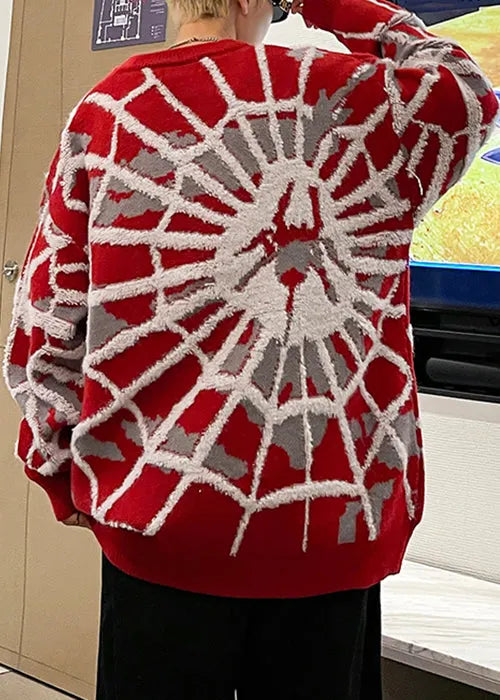 Jacquard Red O Neck Spider Cozy Cotton Knit Sweater Winter