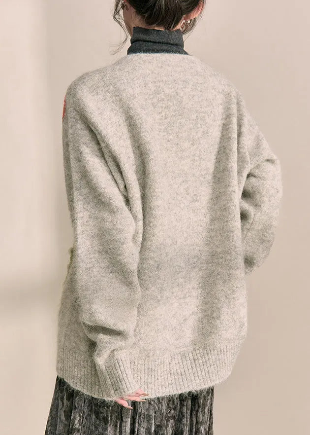 Boutique Grey V Neck Print Cotton Knit Cardigans Fall
