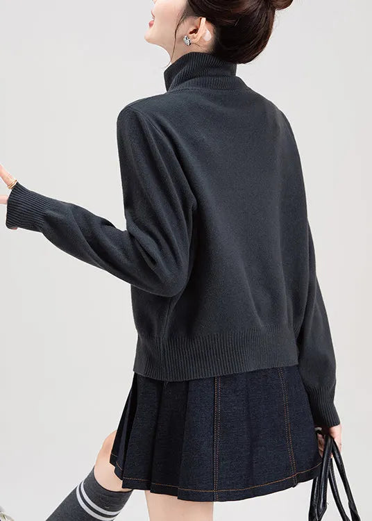 Dark Grey Zip Up High Neck Knit Sweaters Coat Spring
