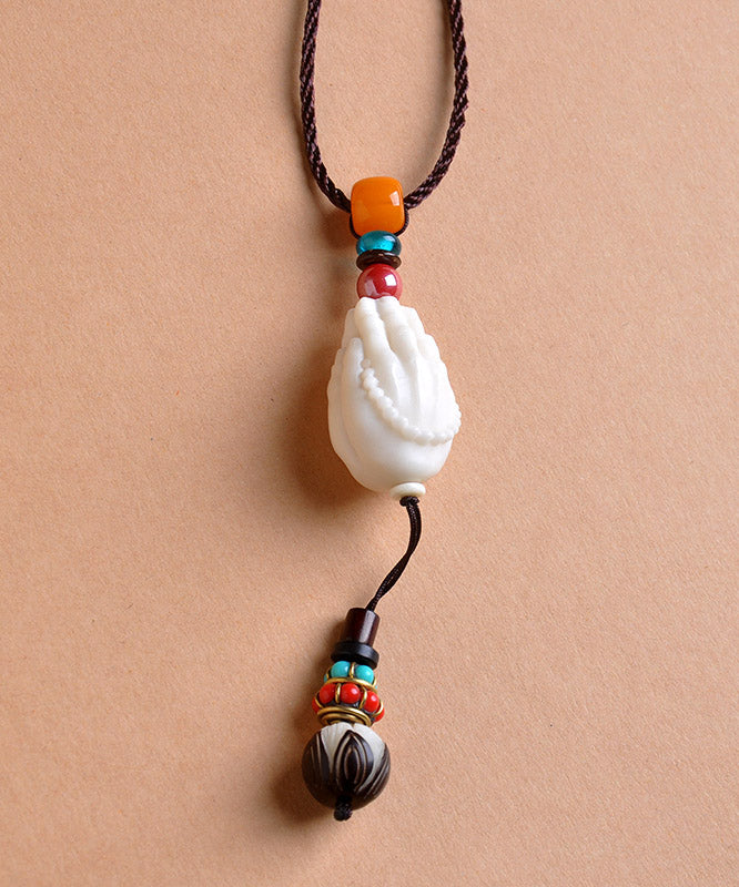 White Cotton 45% Linen 55% Beeswax Coloured Glaze Lotus Pendant Necklace