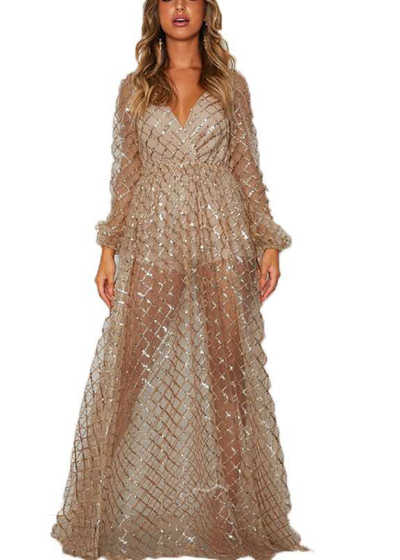 Gold V-neck Check Sequin Dress Long Sleeve