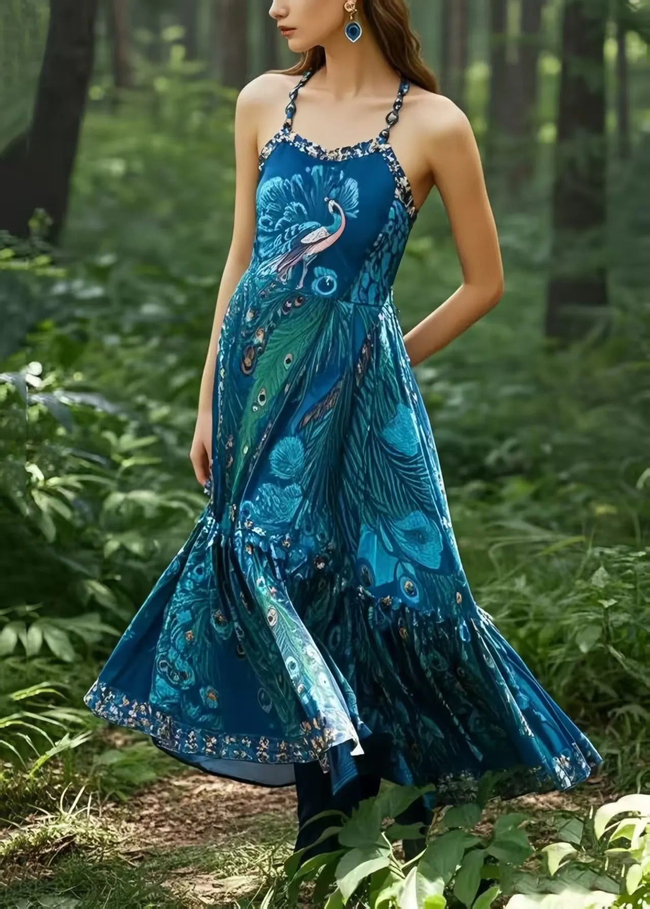 Peacock Blue Print Exra Large Hem Cotton Cami Dresses Summer