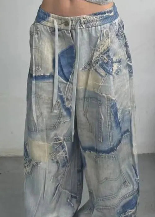 French Blue Print Pockets Elastic Waist Denim Pants Fall