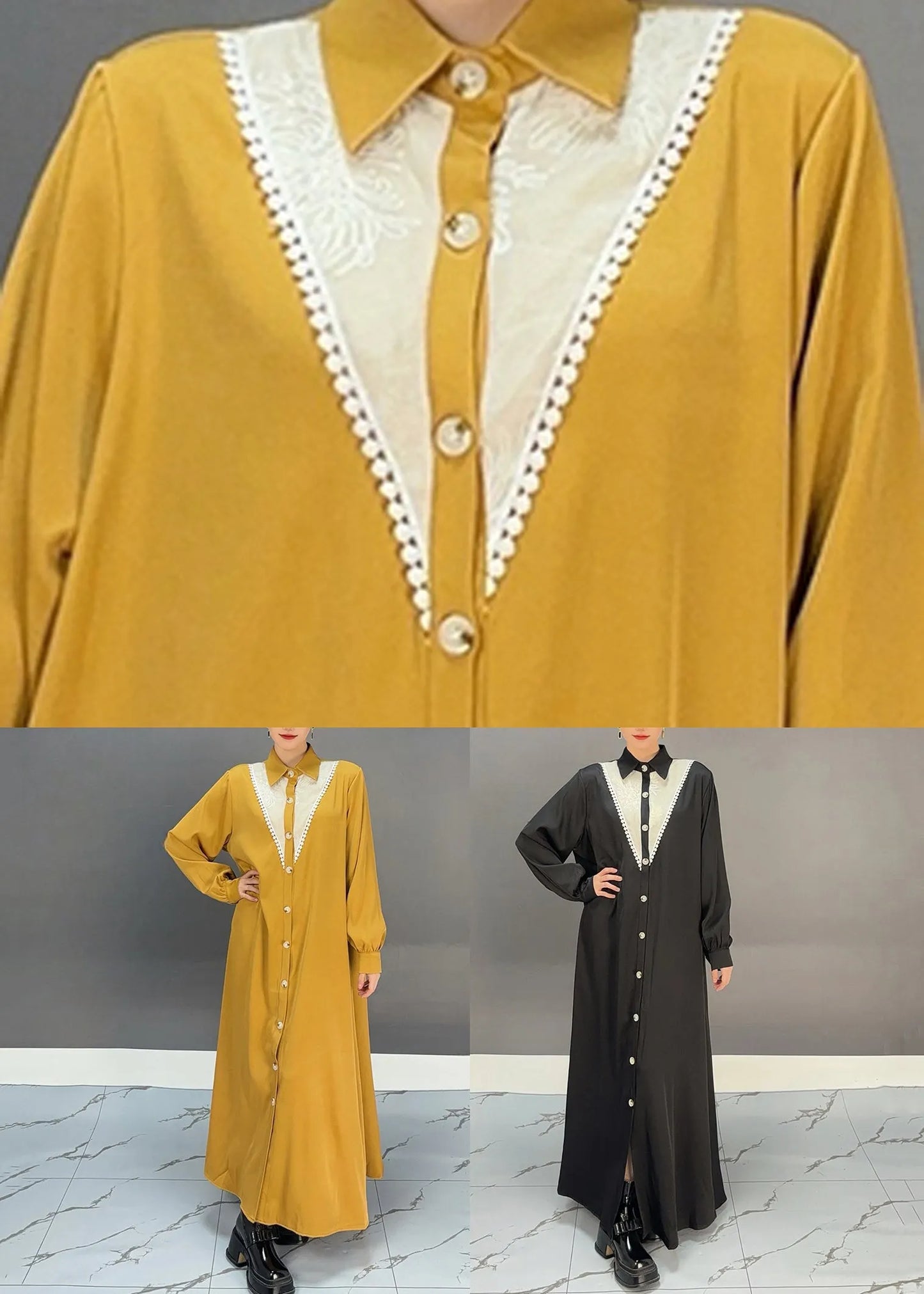 Stylish Yellow Patchwork Nail Bead Long Shirts Dress Spring