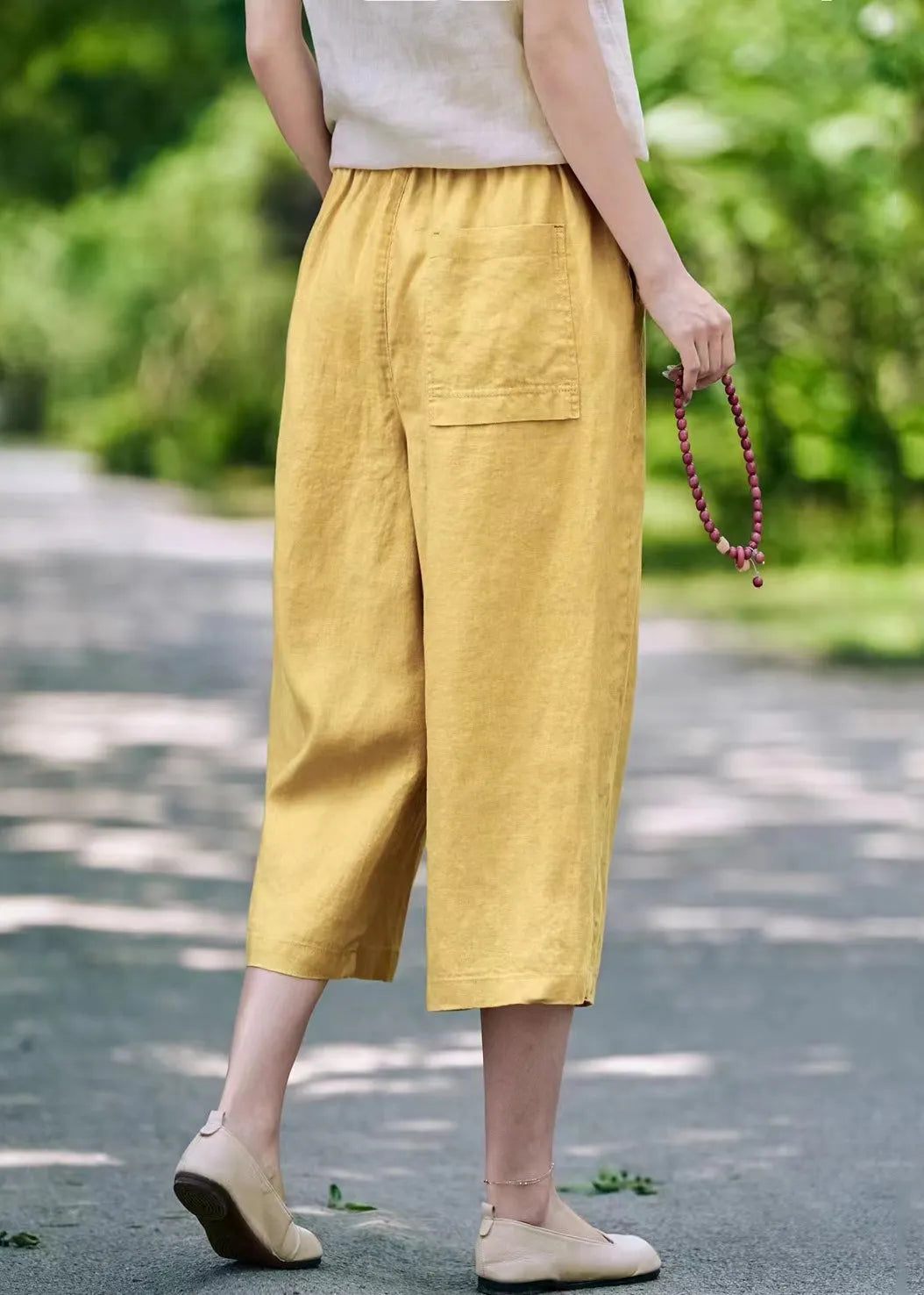 Linen Pockets Elastic Waist Linen Crop Pants Summer