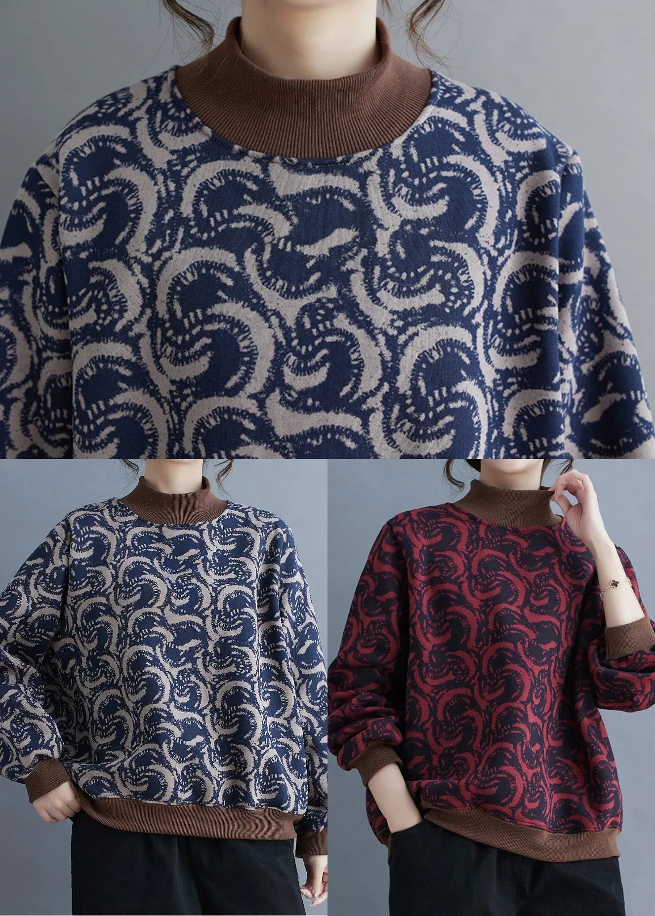 Navy Print Patchwork Warm Fleece Sweatshirt Top Spring