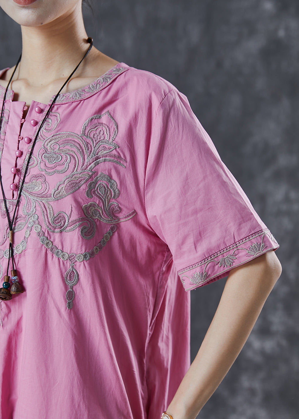 Pink Embroidered Cotton Long Dress Summer