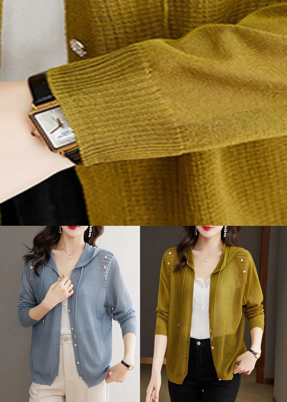 Matcha Colour Drawstring Hooded Ice Size Knit Cardigans Long Sleeve