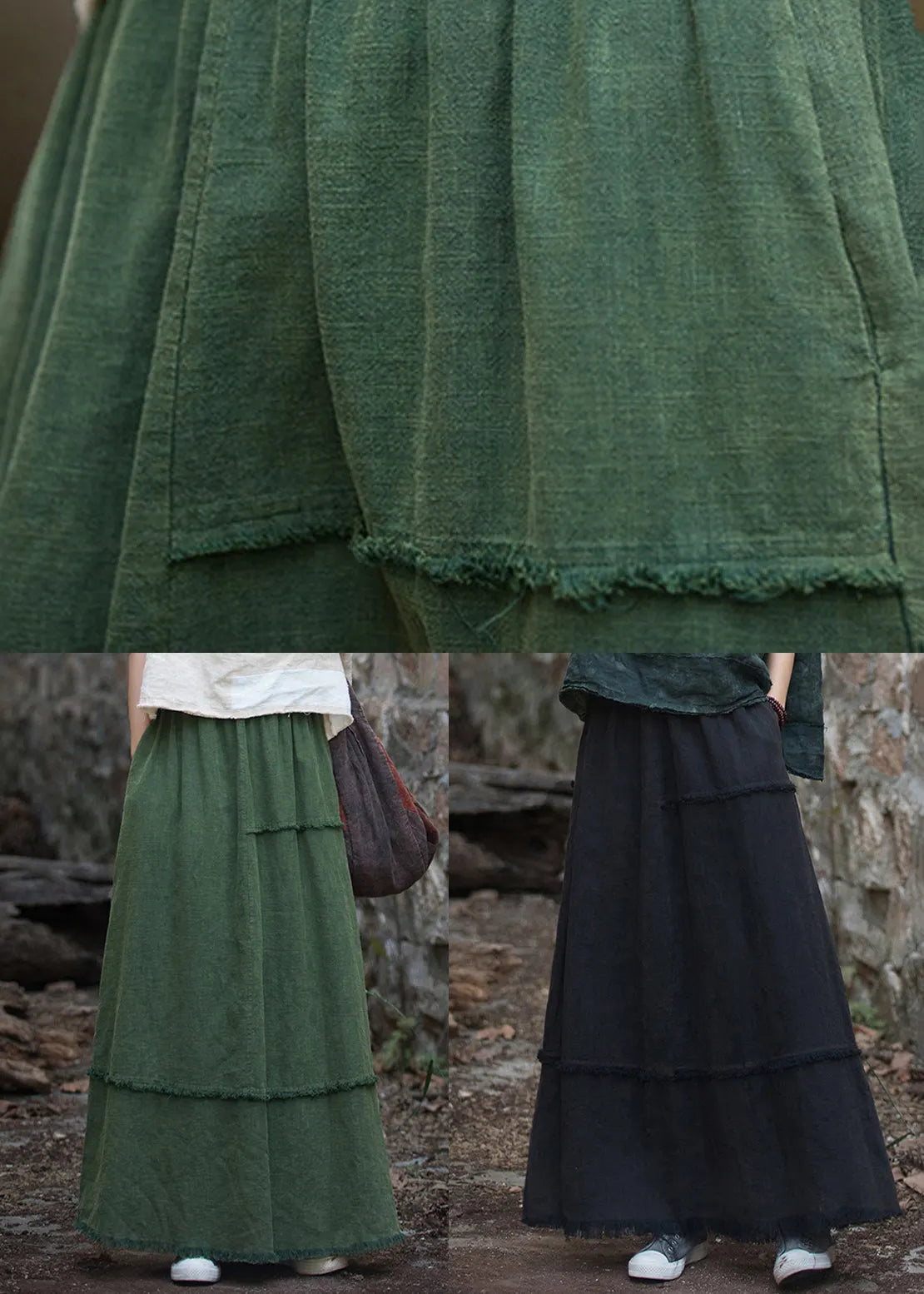Green Pockets Raw Edge Patchwork Linen Skirt Spring