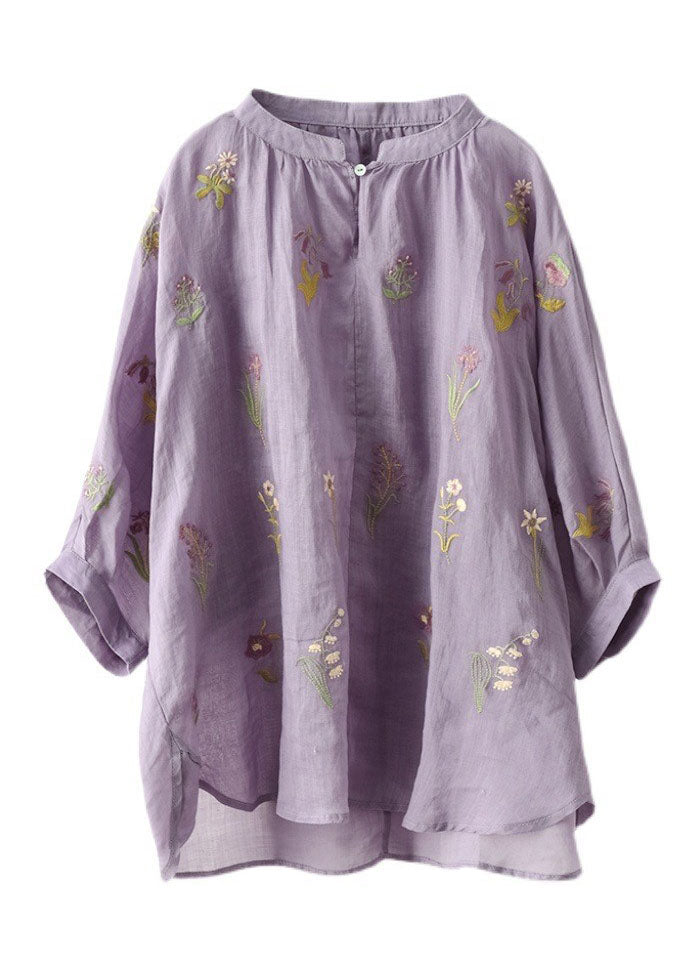 French Orange Low High Design O-neck Embroidered Linen Tops Half Sleeve