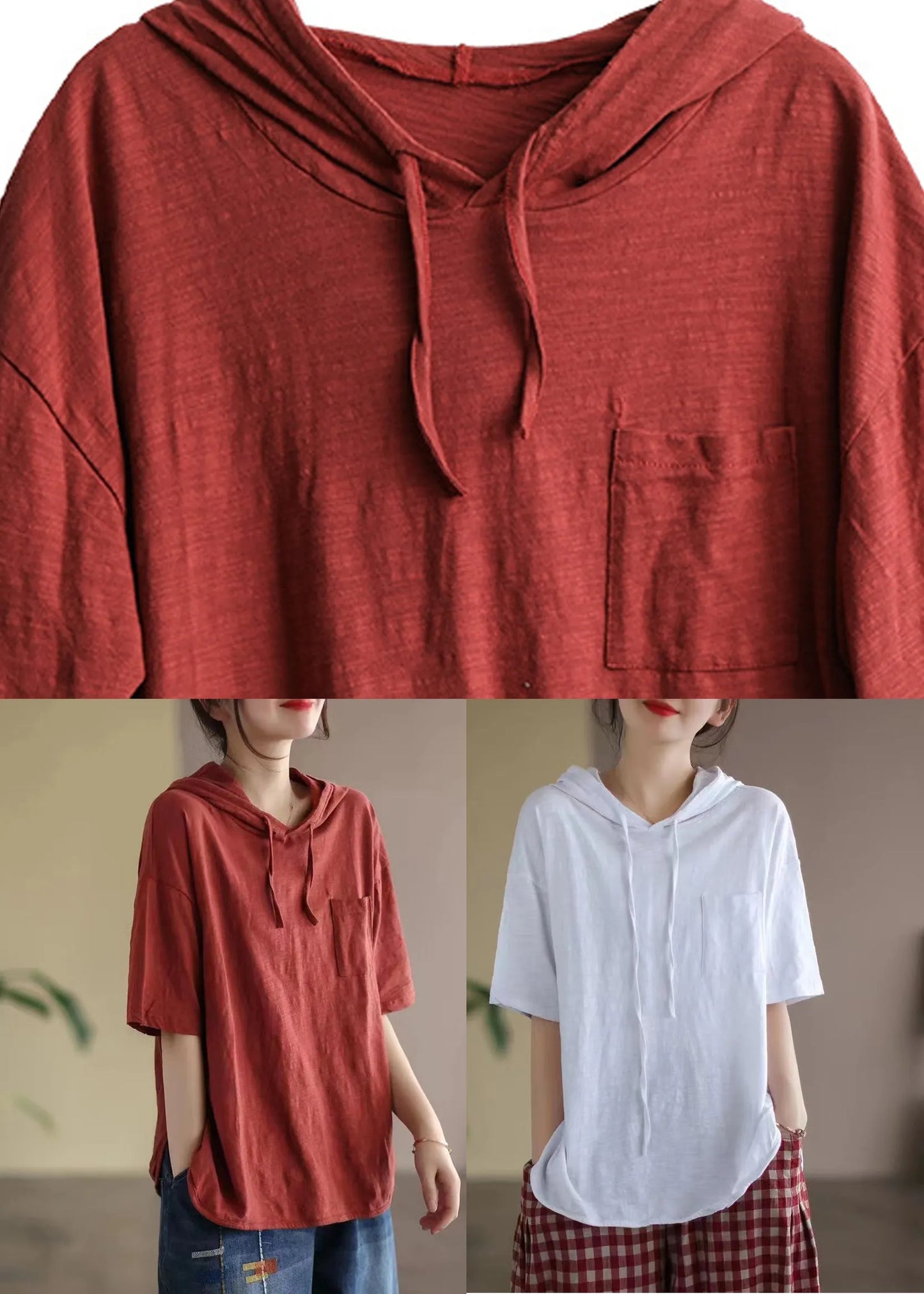 Italian White Patchwork Cozy Cotton Hooded Top Short Sleeve