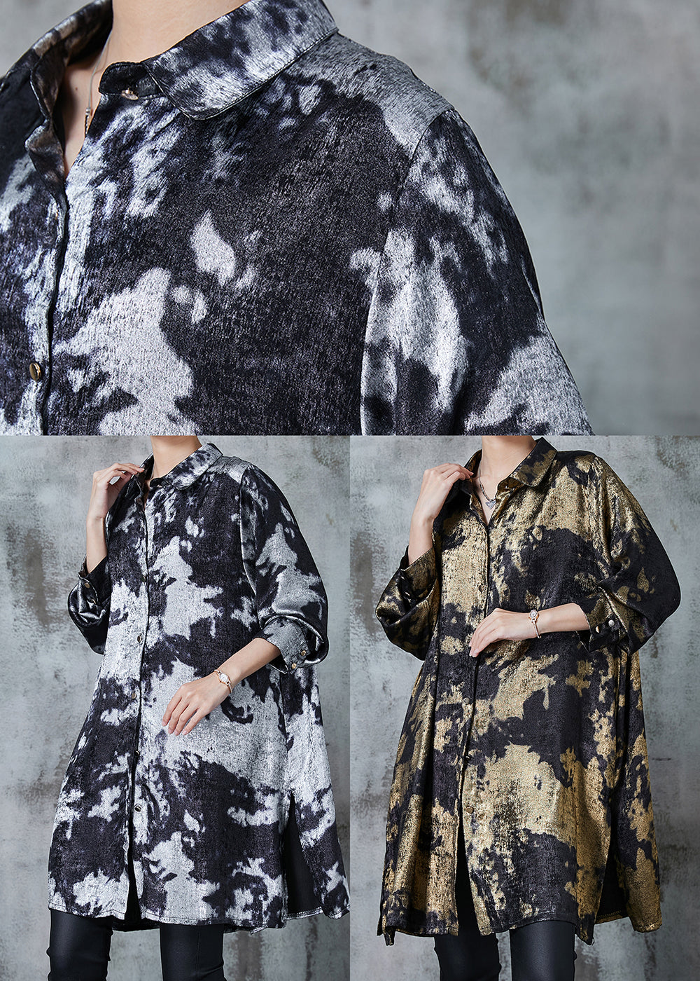 Grey Oversized Tie Dye Silk Velour Shirt Dress Fall
