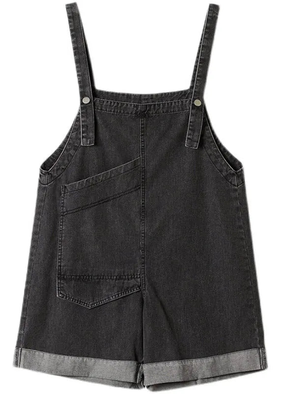 Handmade Black Asymmetrical Patchwork Pockets Denim Jumpsuit Sleeveless