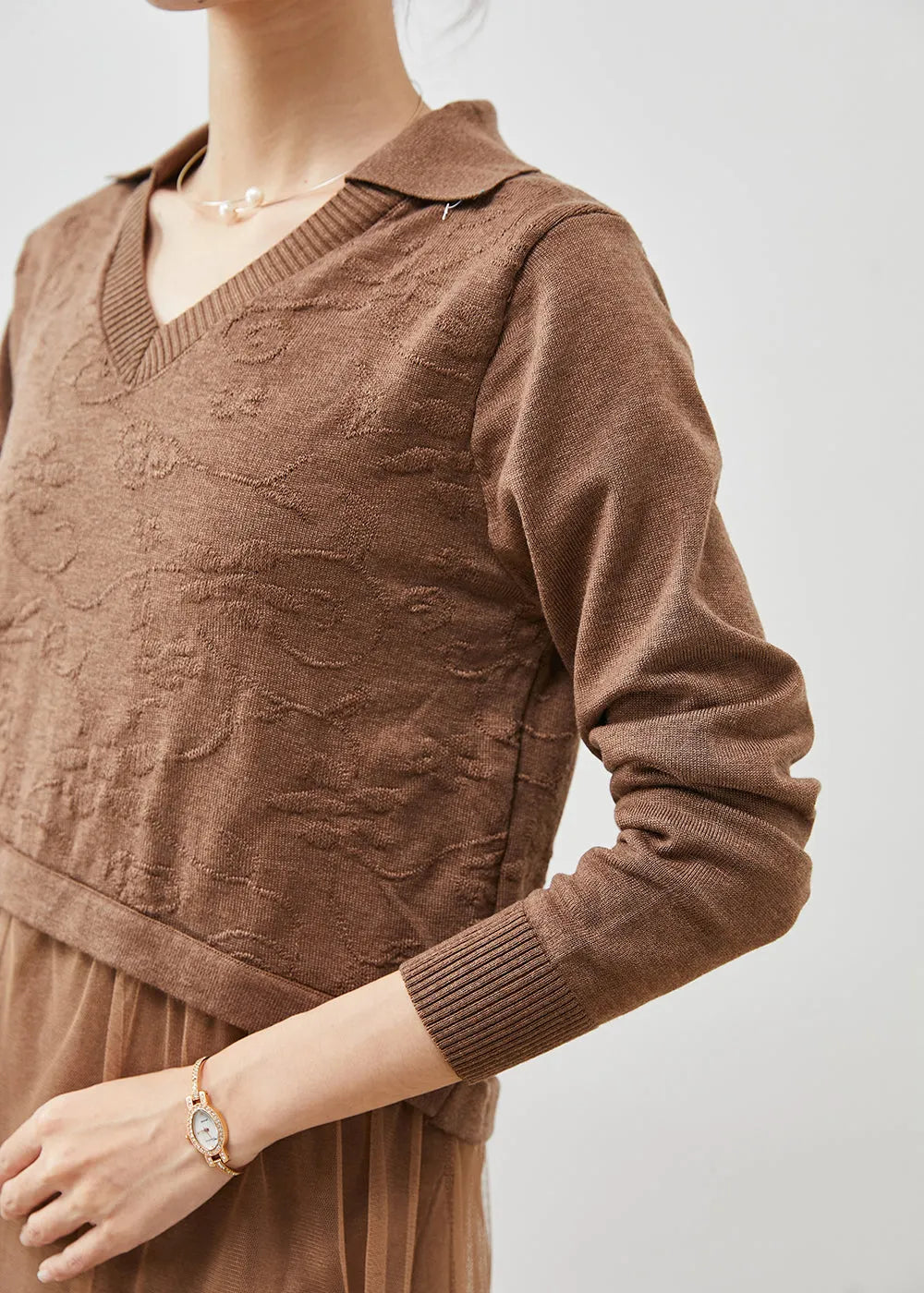 Khaki Jacquard Patchwork Wool Tulle Dress Summer