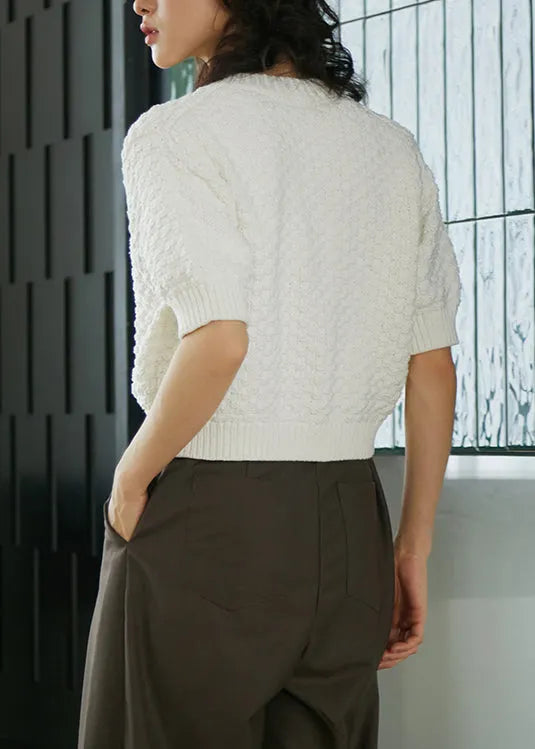 Modern White O Neck Button Knit Top Half Sleeve