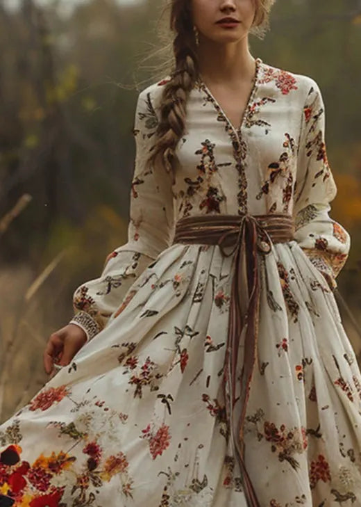 Beige Print Exra Large Hem Cotton Dress Fall