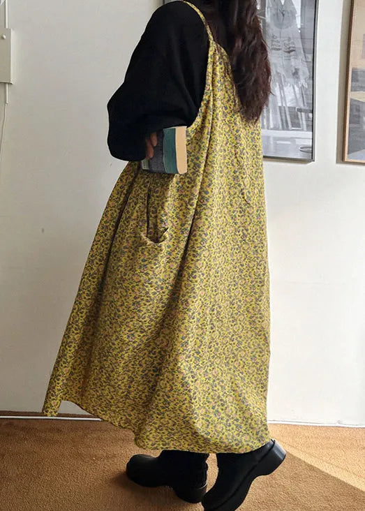 Loose Yellow V Neck Print Pockets Cotton Spaghetti Strap Dresses Sleeveless