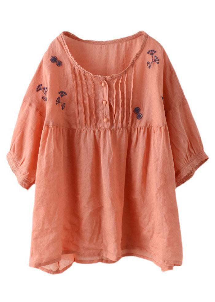 Handmade Orange O-neck Embroidered Button Wrinkled Linen Tops Half Sleeve