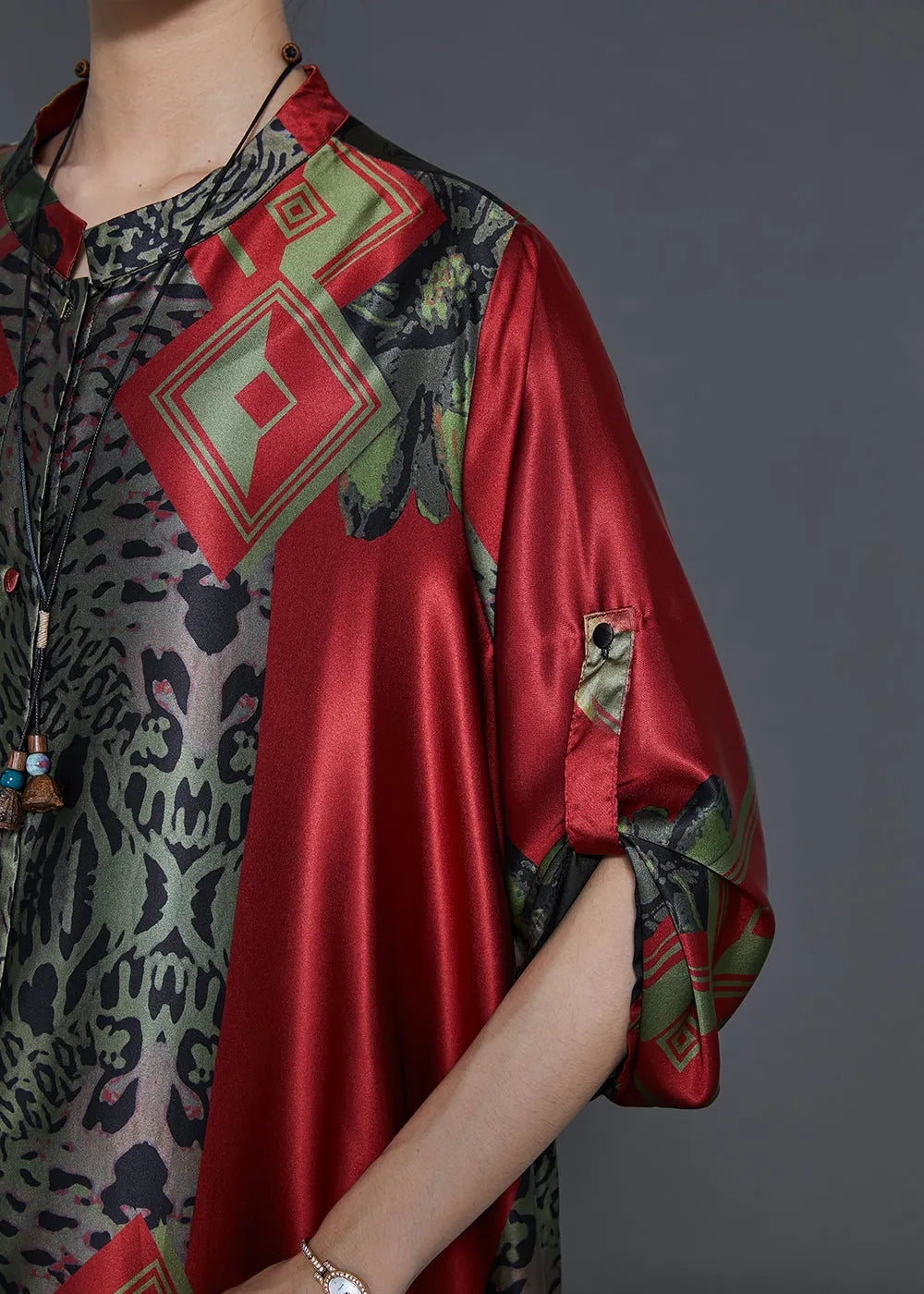 Art Red Oversized Print Silk Party Dress Fall