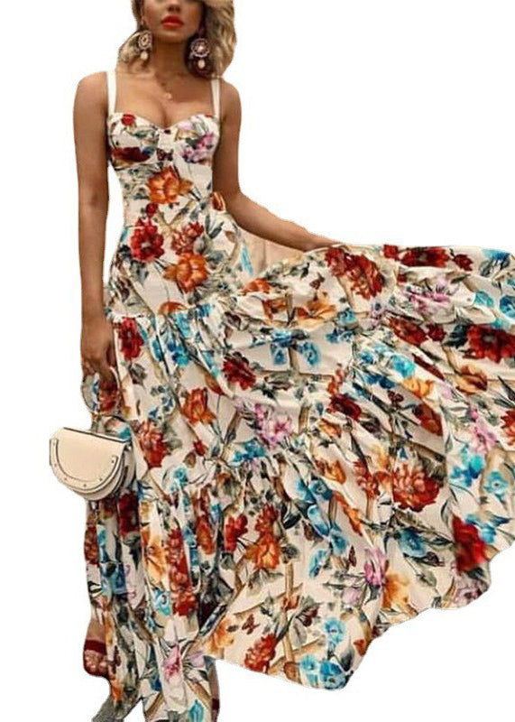 Print Wrinkled Cotton Spaghetti Strap Dress Summer