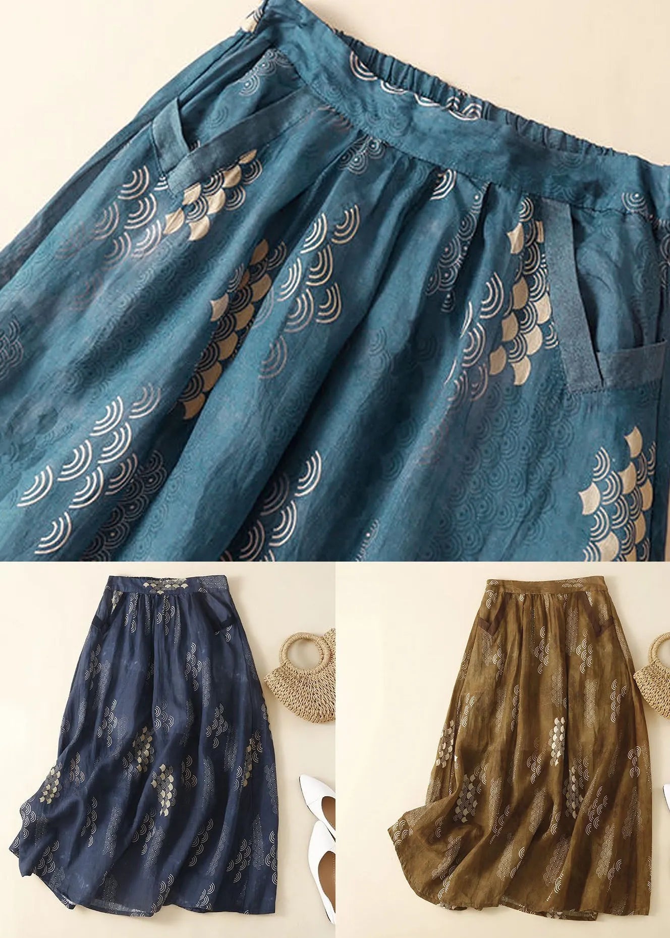 Navy Wrinkled Pockets Patchwork Linen Skirts Summer