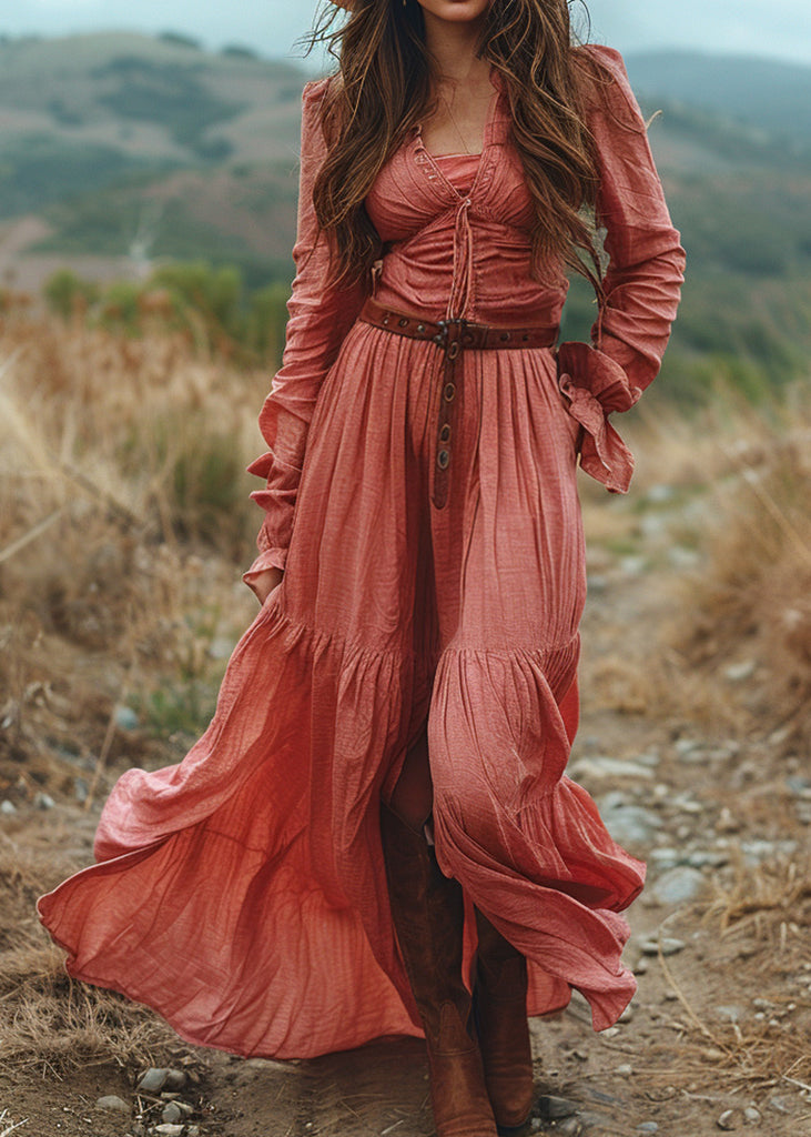 V Neck Ruffled Patchwork Cotton Long Dress Spring