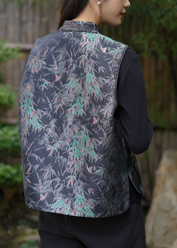 New Retro Black Tasseled Jacquard Fine Cotton Filled Vest Sleeveless