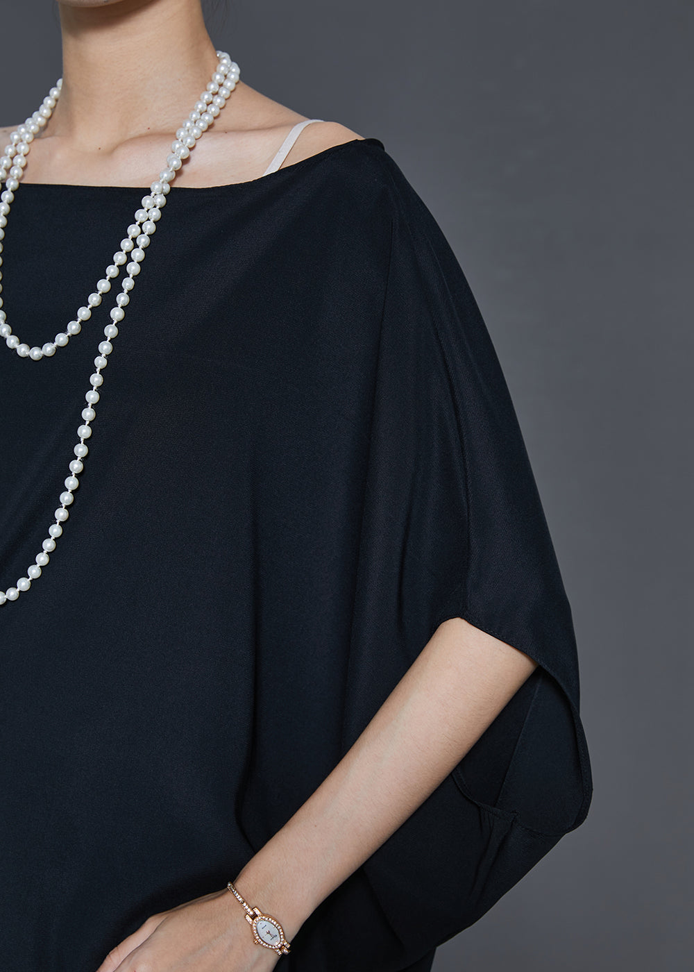 Black Asymmetrical Chiffon Shirts Batwing Sleeve