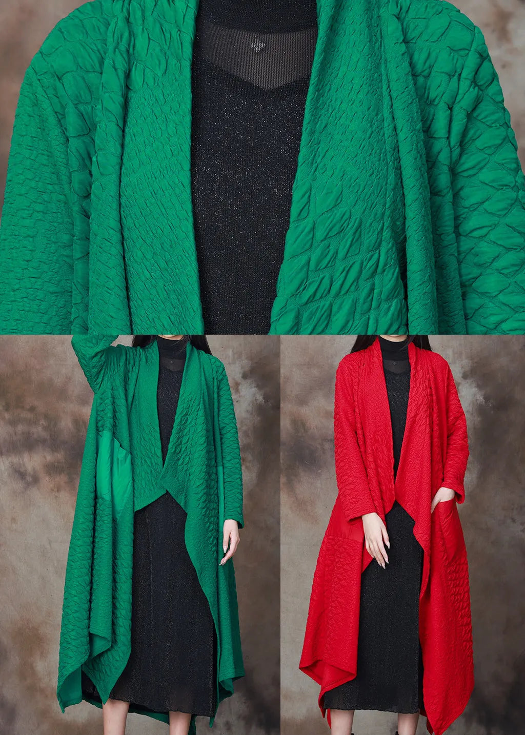 Red Patchwork Cotton Long Cardigan Asymmetrical Spring
