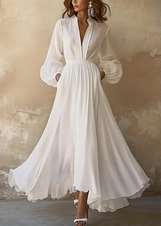 Boutique White V Neck Wrinkled Chiffon Maxi Dresses Fall