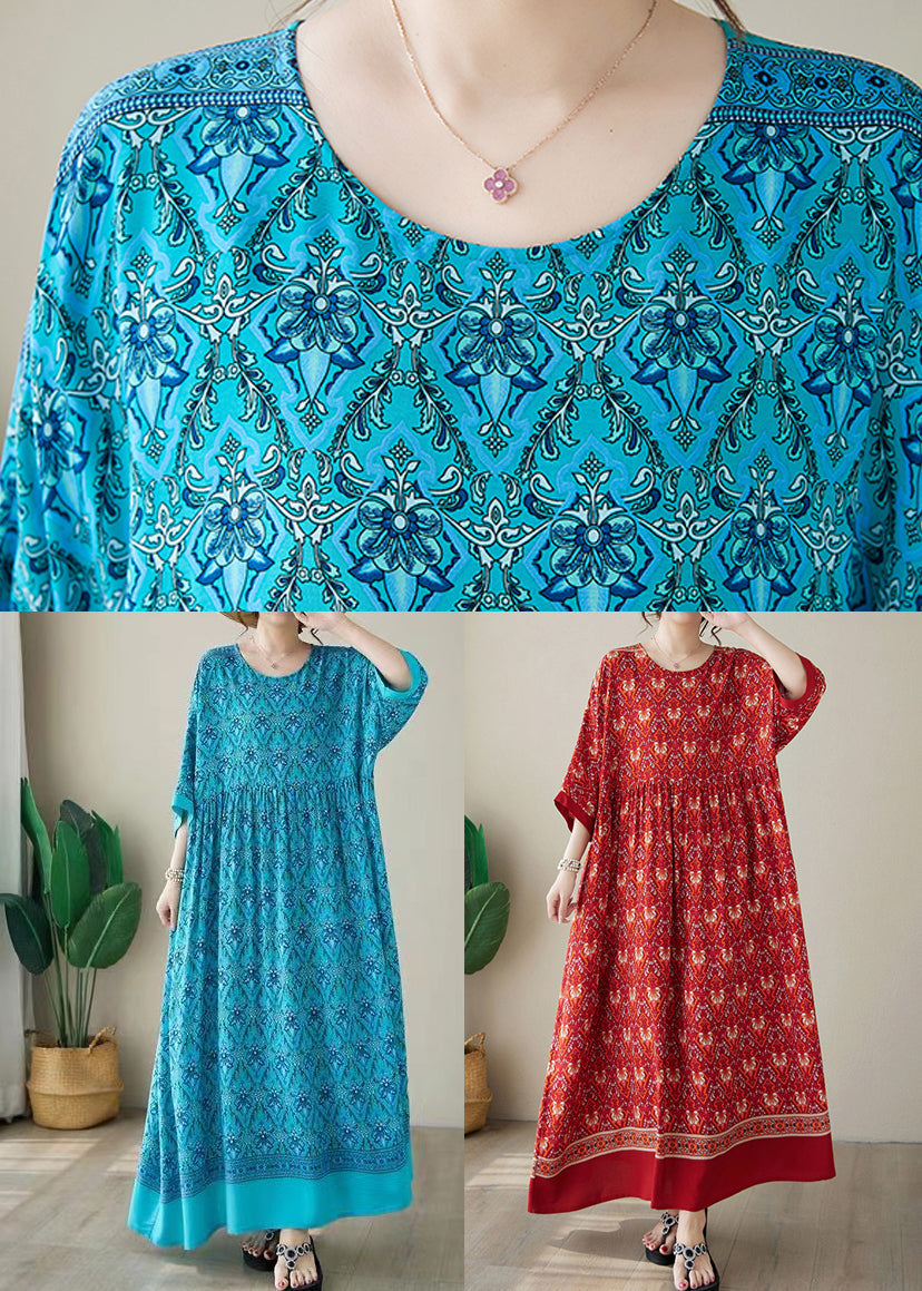 Blue Print Cotton Long Dress O Neck Summer
