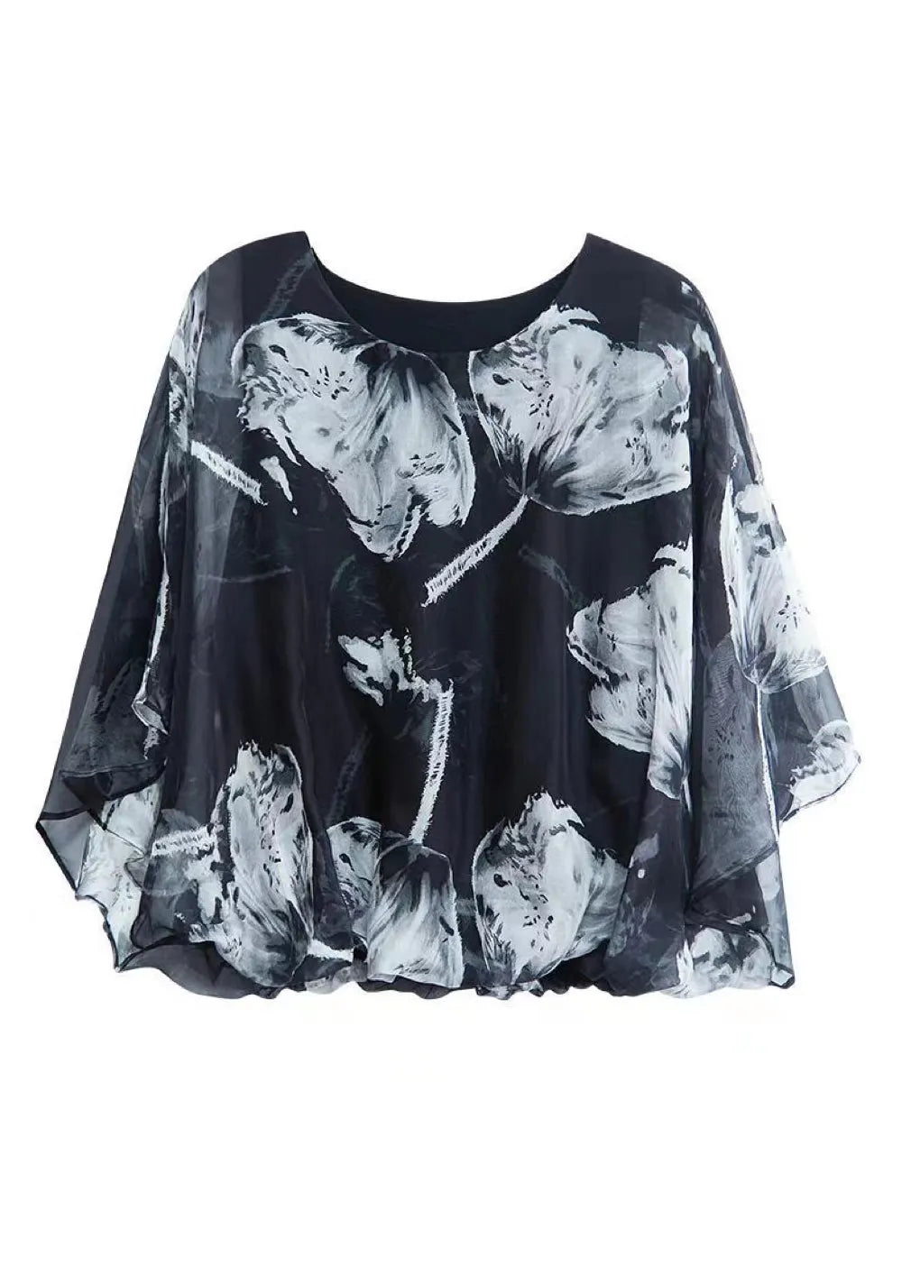 French Black O Neck Print Chiffon Top Summer