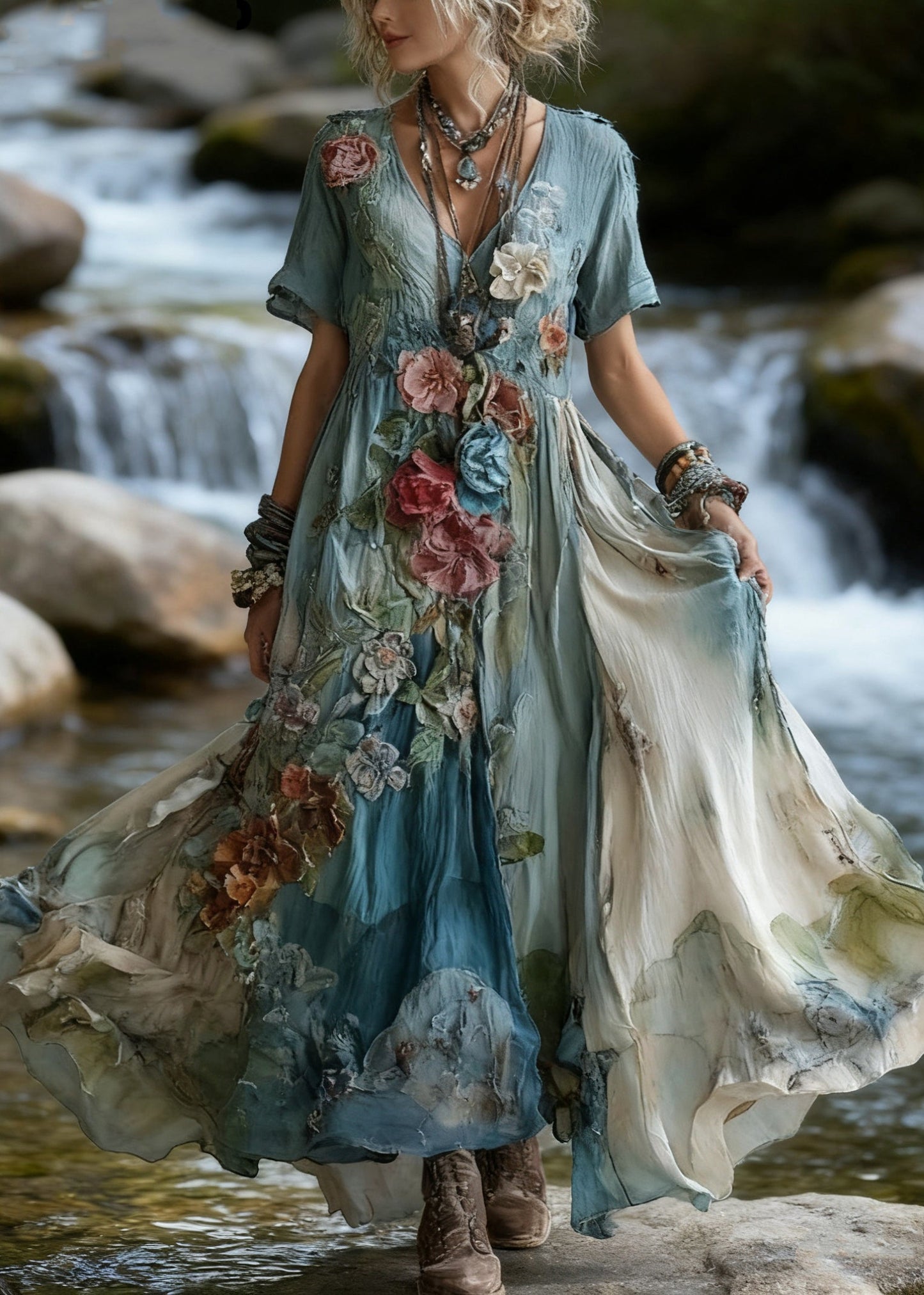 Unique Blue V Neck Tie Dye Cotton Maxi Dress Summer