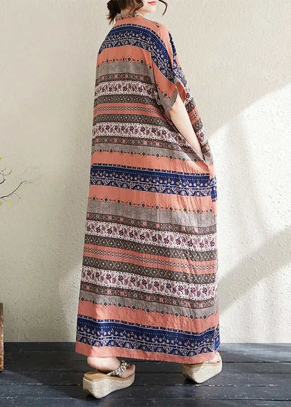 Style Orange Print Oversized Striped Cotton Long Dresses Summer