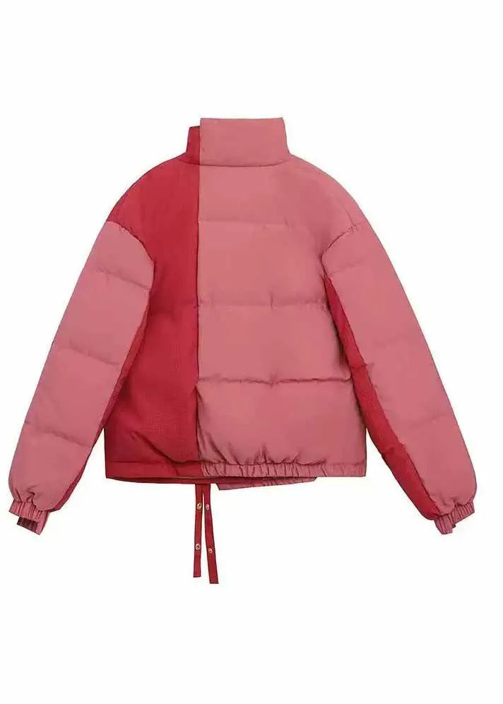 Pink Stand Collar Pockets Fine Cotton Filled Jacket Winter