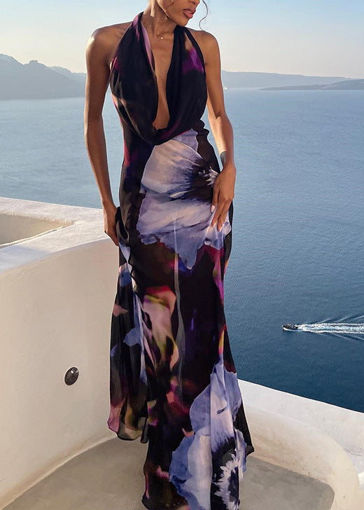 French Print Hanging Neck Backless Tulle Dress Summer
