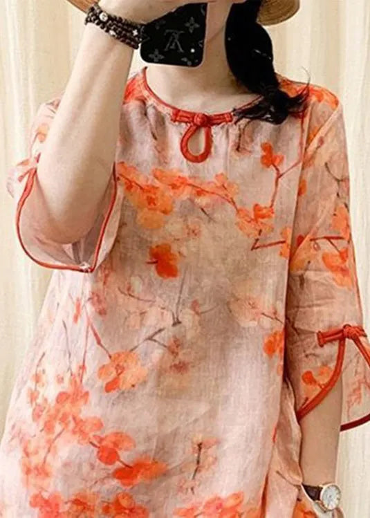 Orange O-neck Print Button Side Open Linen Shirt Half Sleeve