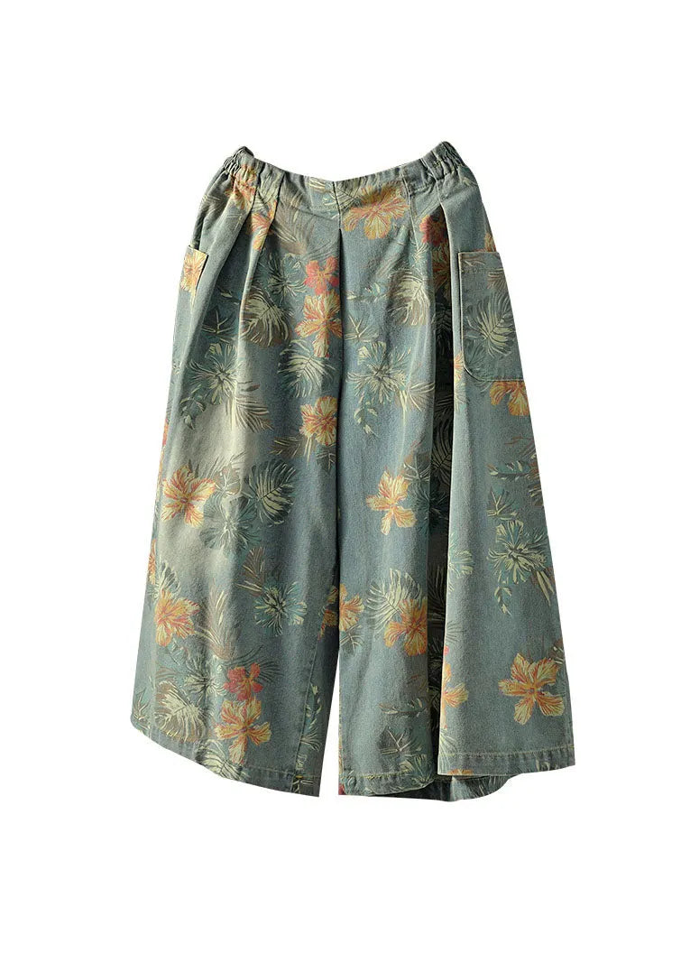 Light Blue Elastic Waist Pockets Print Cotton Wide Leg Pants Spring