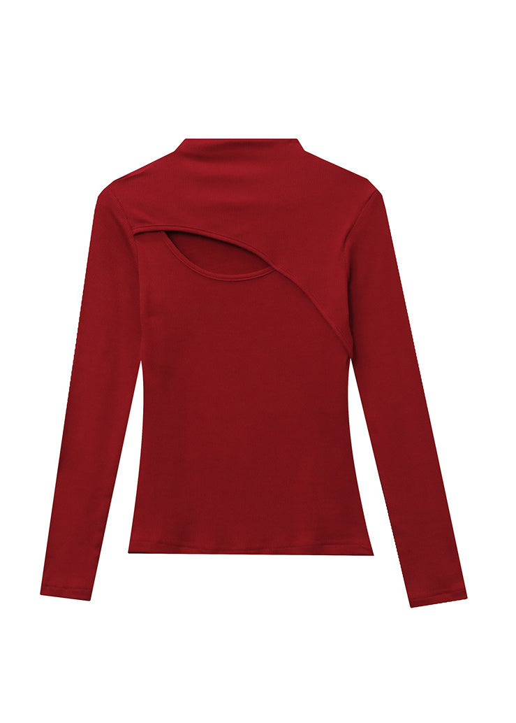 Slim Fit Red Hollow Out Patchwork Thin Warm Fleece Top Spring