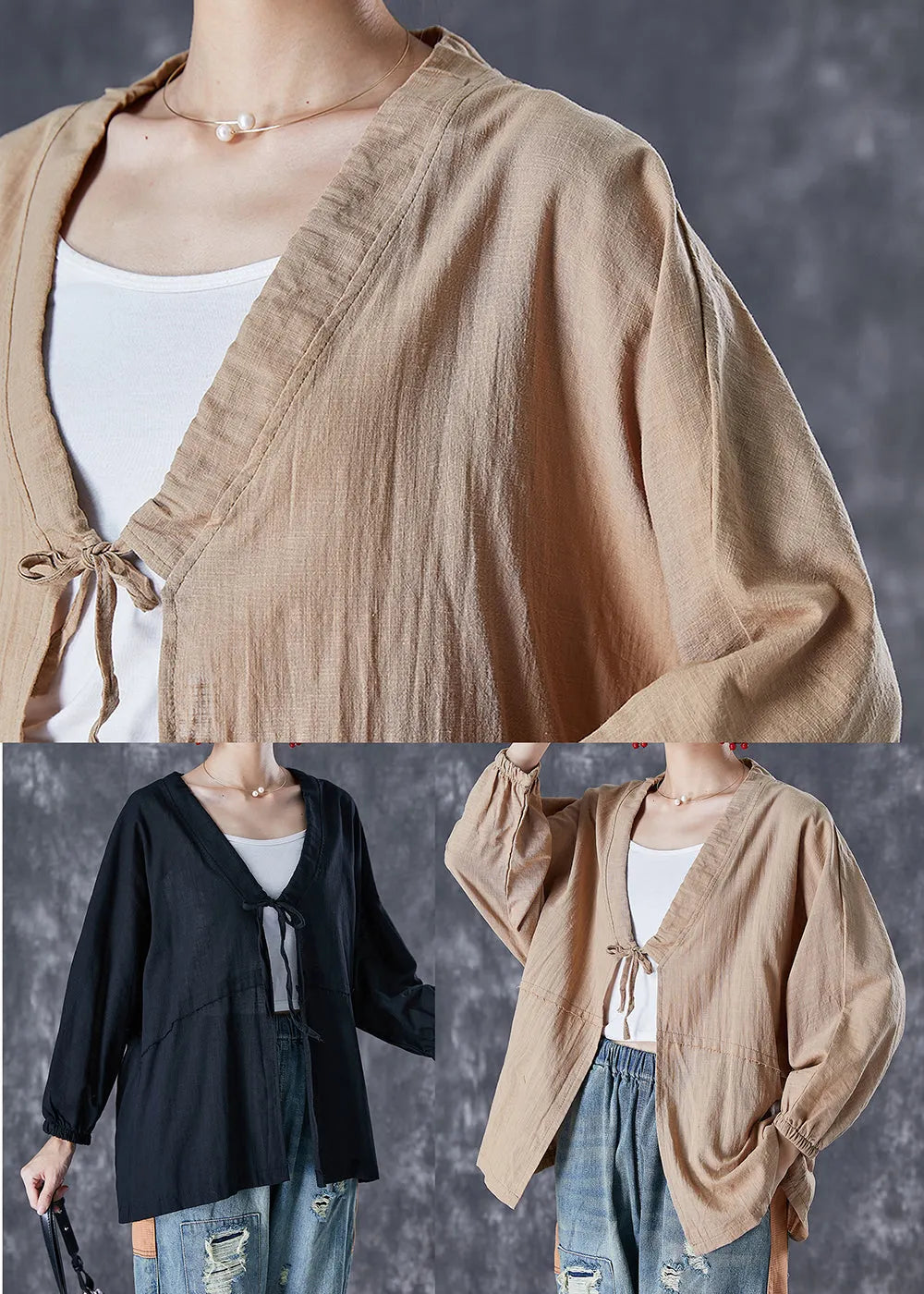 Black Oversized Lace Up Linen Cardigan Fall