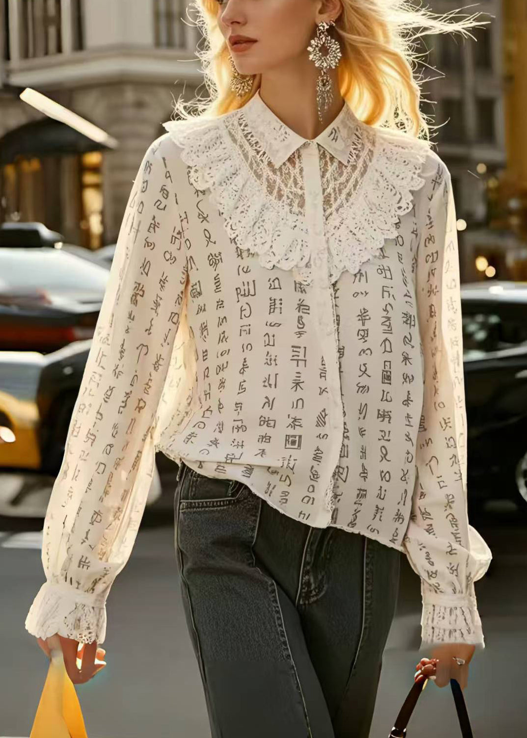 Beige Print Patchwork Lace Hollow Out Shirts Spring
