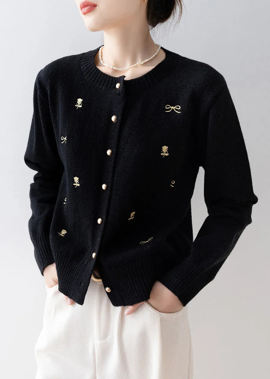 Simple Black O-neck Embroidered Knit Cardigans Winter