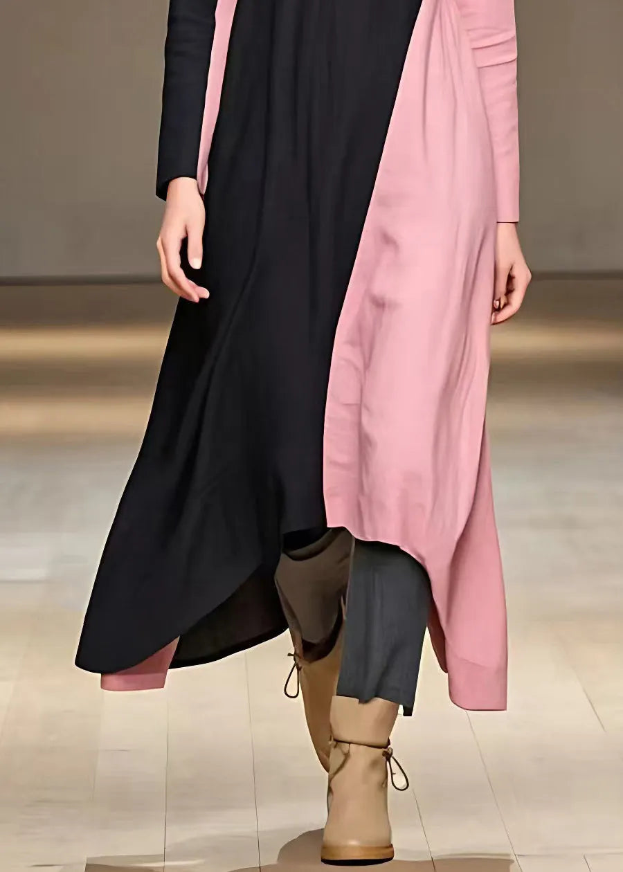 Colorblock Turtleneck Patchwork Button Long Dress Fall