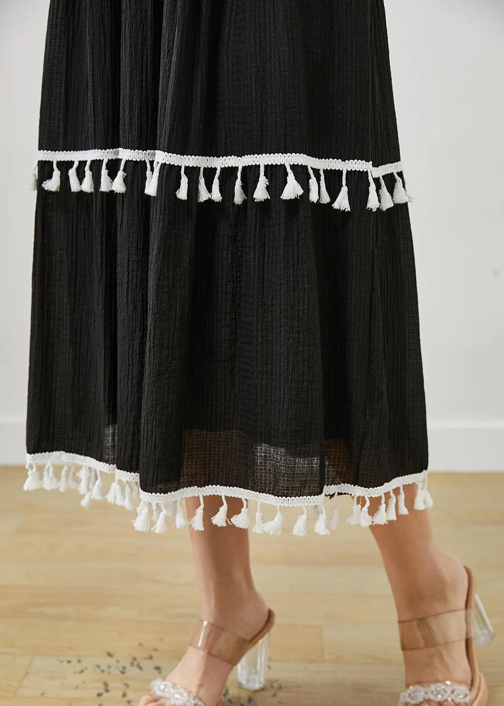 Black Tasseled Cotton Summer Spaghetti Strap Dress