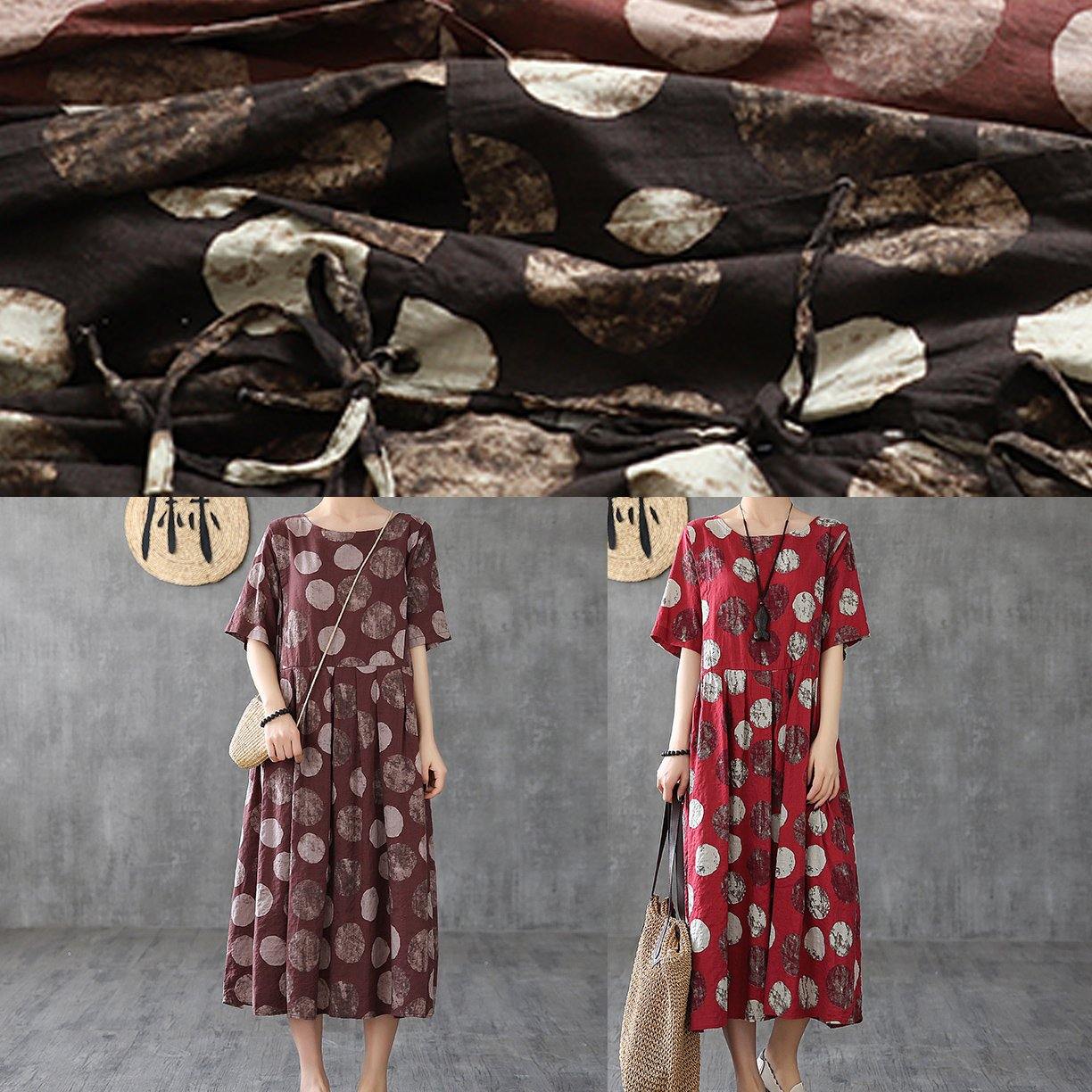 Chocolate Dotted Linen Cotton Clothes O Neck Cinched Robe Dress